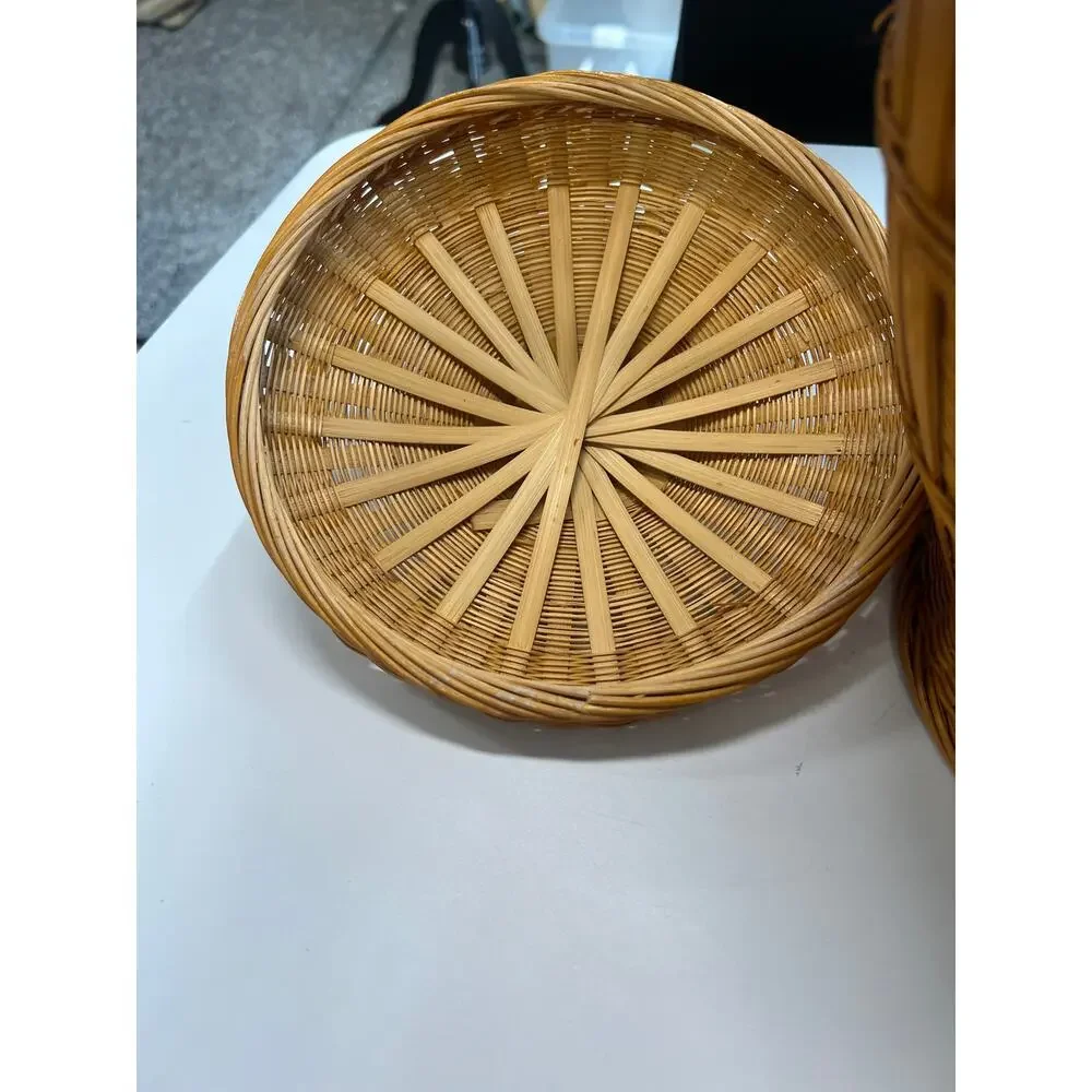 Vintage basket 40's hand-woven bamboo rattan ginger jar lidded handle pedestal